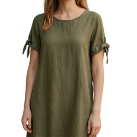 TERZO MILLENNIO Linen Shift  Dress Sage Green Tied Short Sleeves Coastal Loose S - Picture 1 of 11
